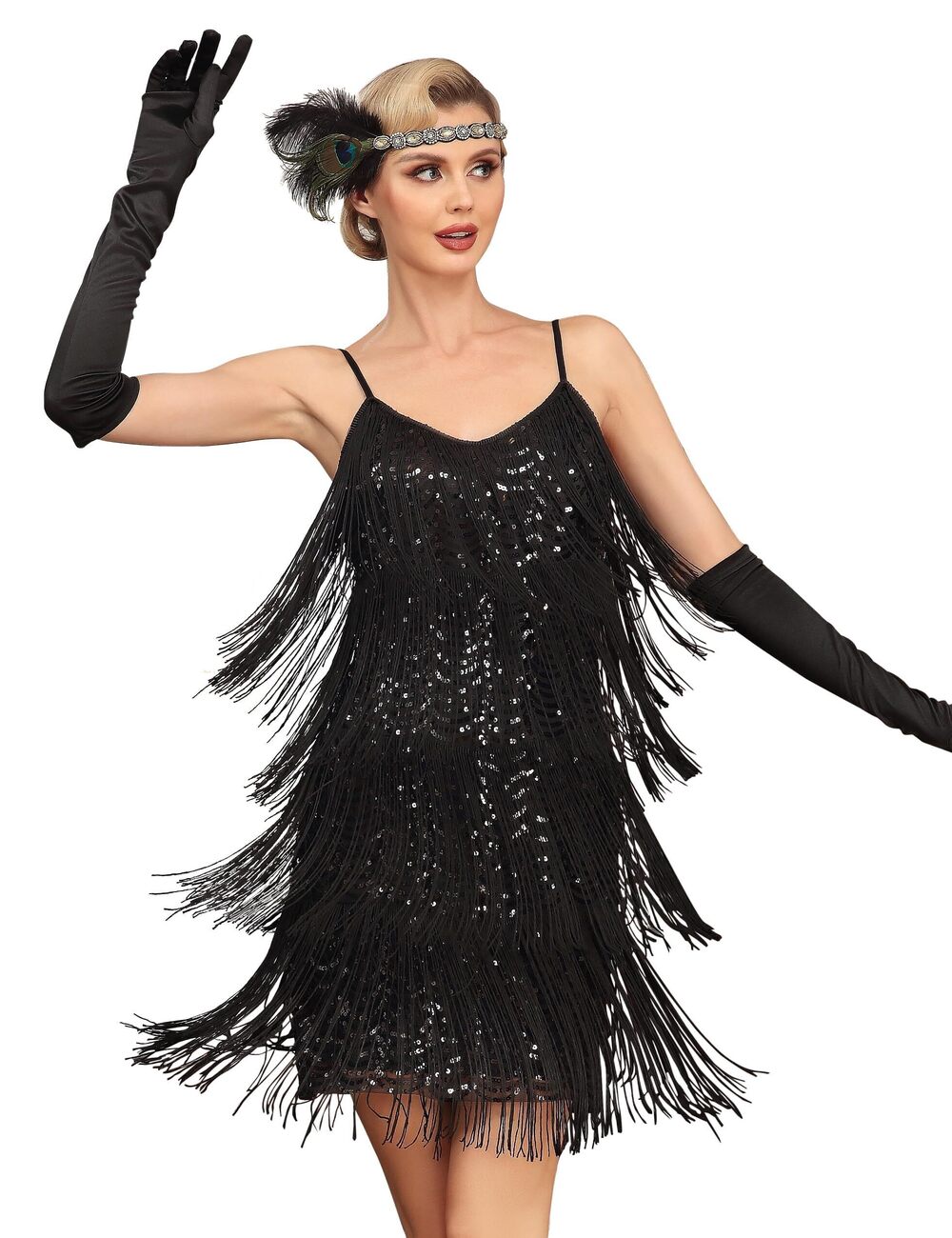 5012 Sexy Gatsby Dress Party Club Night V Neck Sequin Black Fringe Dress